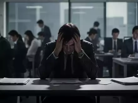 Eine einzelne Person sitzt mit gesenktem Kopf an einem Schreibtisch, umgeben von verschwommenen Bürokollegen, die arbeiten. - Foto: über boerse-global.de
