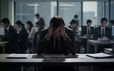 Eine einzelne Person sitzt mit gesenktem Kopf an einem Schreibtisch, umgeben von verschwommenen BĂŒrokollegen, die arbeiten. - Foto: ĂŒber boerse-global.de