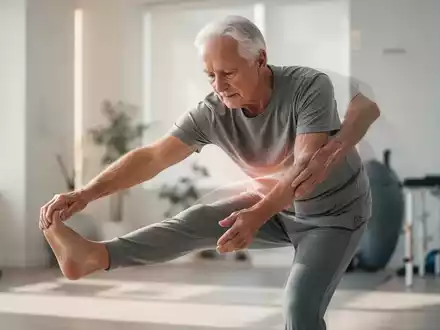 Eine ältere Person dehnt sich in einem hellen Raum, symbolisch für Mobilität und Knochengesundheit im Alter. - Foto: über boerse-global.de