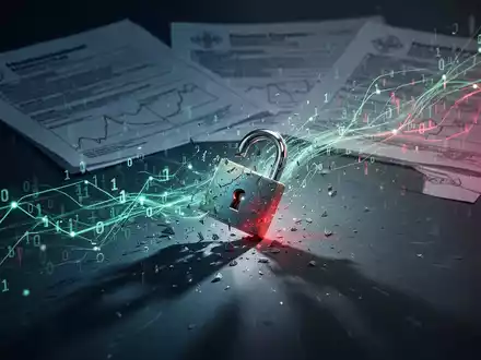 Digitale Datenströme aus einem zerbrochenen Vorhängeschloss, mit Binärcode und Netzwerkleitungen, über unscharfen Finanz- und Medizindokumenten. - Foto: über boerse-global.de