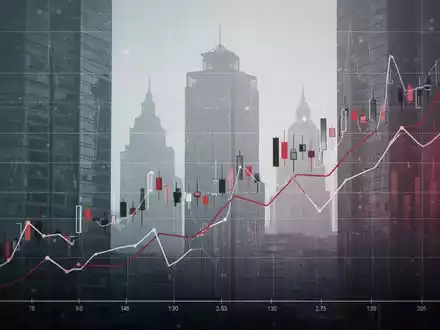 Abstrakte Darstellung fallender Finanzkurven und roter Akzente vor einer verschwommenen Silhouette von Finanzgebäuden. - Foto: über boerse-global.de