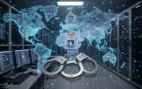 Eine Weltkarte mit leuchtenden Linien, die digitale Netzwerke und Cyberkriminalität symbolisieren, umgeben von verschwommenen Bildern von Handschellen und Computern. - Foto: über boerse-global.de