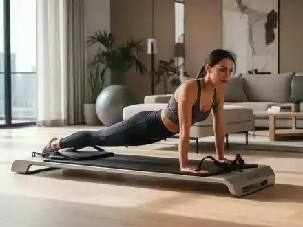 Eine Frau in Sportkleidung führt eine Pilates-Übung auf einem modernen Pilates Board in einem hellen Wohnzimmer aus. - Foto: über boerse-global.de