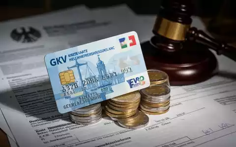 Eine deutsche GKV-Karte liegt auf einem Stapel Euro-Münzen, im Hintergrund verschwommene Regierungsdokumente und ein Hammer. - Foto: über boerse-global.de