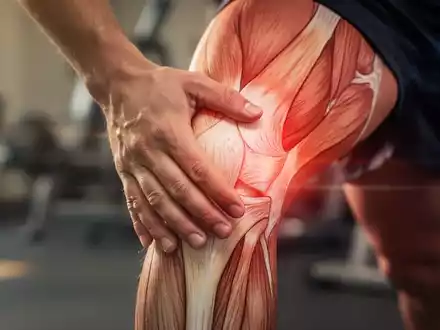 Eine Hand berührt sanft ein Kniegelenk, im Hintergrund angedeutete Bewegung, Fokus auf Gelenkgesundheit und Aktivität. - Foto: über boerse-global.de