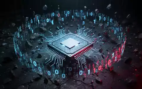 Leuchtender Computerchip, umgeben von wirbelndem Binärcode und Datenfragmenten, symbolisiert Datenvernichtung und Cyber-Bedrohungen. - Foto: über boerse-global.de