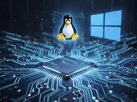 Stilisierte Platine mit Code, dezentem Windows-Logo und holografischem Linux-Pinguin, symbolisiert KI, Sicherheit und OS-Integration. - Foto: über boerse-global.de