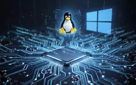 Stilisierte Platine mit Code, dezentem Windows-Logo und holografischem Linux-Pinguin, symbolisiert KI, Sicherheit und OS-Integration. - Foto: über boerse-global.de