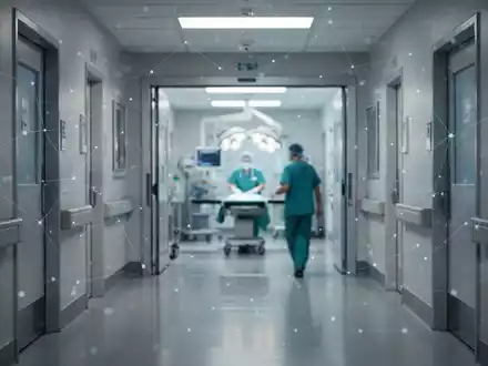 Ein moderner, steriler Krankenhausflur mit sanfter Beleuchtung, der zu einem Operationssaal führt. Digitale Netzwerklinien überlagern die Szene. - Foto: über boerse-global.de