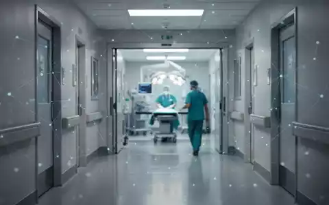 Ein moderner, steriler Krankenhausflur mit sanfter Beleuchtung, der zu einem Operationssaal führt. Digitale Netzwerklinien überlagern die Szene. - Foto: über boerse-global.de