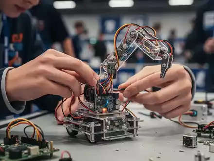 Nahaufnahme der Hände eines Schülers, die einen kleinen Roboterarm zusammenbauen, mit sichtbaren Platinen und Kabeln. - Foto: über boerse-global.de