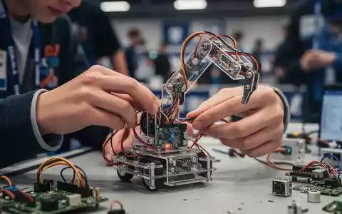 Nahaufnahme der HĂ€nde eines SchĂŒlers, die einen kleinen Roboterarm zusammenbauen, mit sichtbaren Platinen und Kabeln. - Foto: ĂŒber boerse-global.de