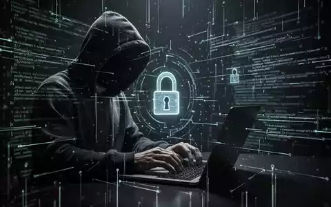 Person in Kapuzenjacke tippt auf Laptop in dunklem Raum, mit leuchtenden digitalen Linien und dezentem Vorhängeschloss-Symbol im Hintergrund. - Foto: über boerse-global.de
