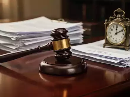 Ein Richterhammer liegt auf einem dunklen Holzschreibtisch neben juristischen Dokumenten und einer Uhr, die Rechtsreformen symbolisiert. - Foto: über boerse-global.de