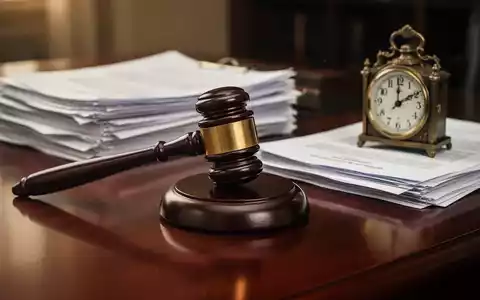 Ein Richterhammer liegt auf einem dunklen Holzschreibtisch neben juristischen Dokumenten und einer Uhr, die Rechtsreformen symbolisiert. - Foto: über boerse-global.de