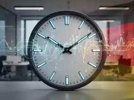 Eine stilisierte Uhr, deren Zeiger in digitale Datenlinien übergehen, symbolisiert flexible Arbeitszeiten und digitale Zeiterfassung. - Foto: über boerse-global.de