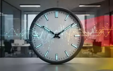 Eine stilisierte Uhr, deren Zeiger in digitale Datenlinien übergehen, symbolisiert flexible Arbeitszeiten und digitale Zeiterfassung. - Foto: über boerse-global.de