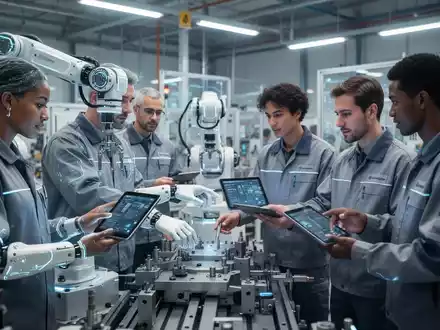 Operatoren in einem modernen Industriebetrieb interagieren mit KI-gesteuerten Maschinen und Tablets, symbolisierend Höhergruppierung durch Technologie. - Foto: über boerse-global.de