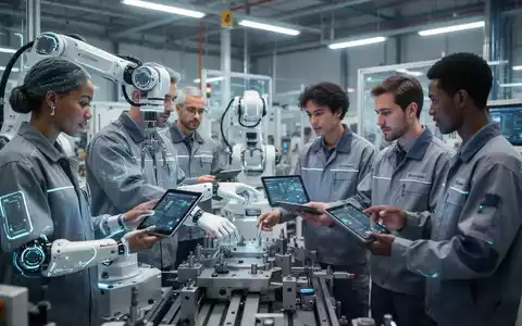 Operatoren in einem modernen Industriebetrieb interagieren mit KI-gesteuerten Maschinen und Tablets, symbolisierend Höhergruppierung durch Technologie. - Foto: über boerse-global.de