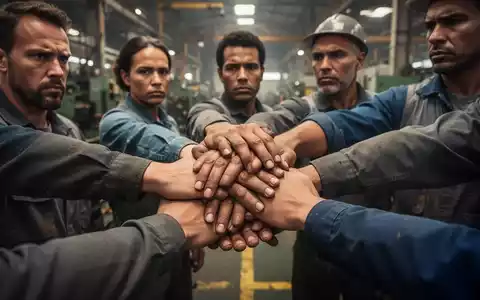 Nahaufnahme von Händen, die sich fest umklammern, mit einem unscharfen Hintergrund einer Fabrikhalle, der Solidarität und Widerstand symbolisiert. - Foto: über boerse-global.de