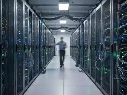 Ein modernes Rechenzentrum mit Reihen von Server-Racks und einem Techniker im Hintergrund, der das starke Wachstum im Datacenter-Sektor symbolisiert. - Foto: über boerse-global.de