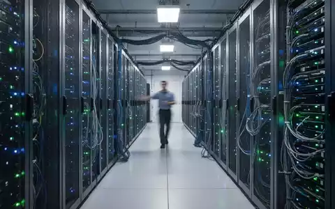 Ein modernes Rechenzentrum mit Reihen von Server-Racks und einem Techniker im Hintergrund, der das starke Wachstum im Datacenter-Sektor symbolisiert. - Foto: über boerse-global.de