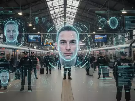 Eine digitale Benutzeroberfläche mit biometrischer Gesichtserkennung überlagert einen belebten Bahnhof, im Hintergrund verschwommen Polizisten. - Foto: über boerse-global.de