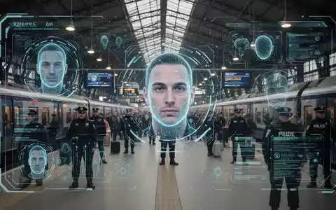 Eine digitale Benutzeroberfläche mit biometrischer Gesichtserkennung überlagert einen belebten Bahnhof, im Hintergrund verschwommen Polizisten. - Foto: über boerse-global.de