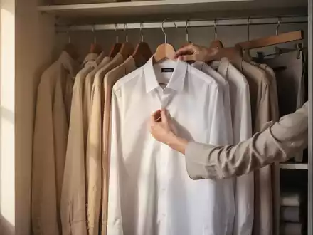 Ein minimalistischer Kleiderschrank mit ordentlich gefalteten, hochwertigen Kleidungsstücken in neutralen Farben. Eine Hand greift nach einem weißen Hemd. - Foto: über boerse-global.de