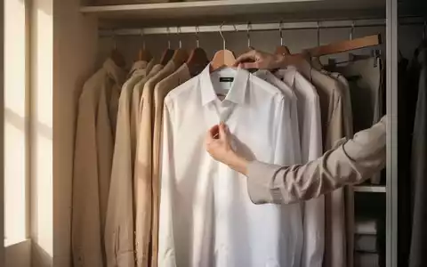 Ein minimalistischer Kleiderschrank mit ordentlich gefalteten, hochwertigen Kleidungsstücken in neutralen Farben. Eine Hand greift nach einem weißen Hemd. - Foto: über boerse-global.de