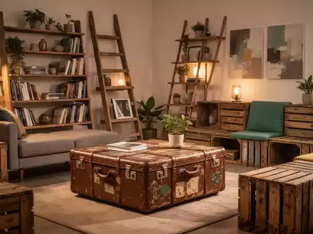 Ein stilvolles Wohnzimmer mit upgecycelten Möbeln: ein Couchtisch aus alten Koffern und ein Regal aus einer Leiter. - Foto: über boerse-global.de
