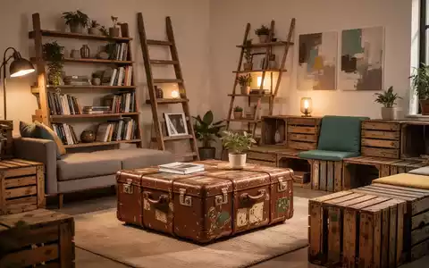 Ein stilvolles Wohnzimmer mit upgecycelten Möbeln: ein Couchtisch aus alten Koffern und ein Regal aus einer Leiter. - Foto: über boerse-global.de