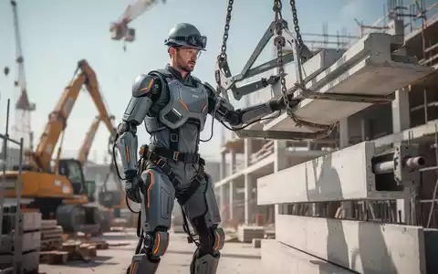 Ein Bauarbeiter trägt ein fortschrittliches Exoskelett auf einer modernen Baustelle und hebt schwere Materialien. - Foto: über boerse-global.de