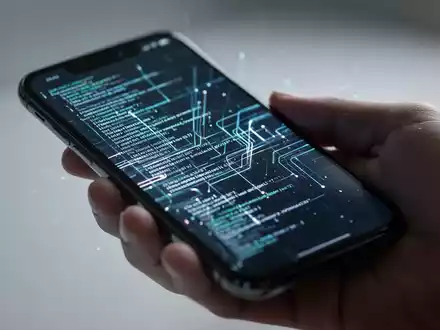 Eine Hand hält ein modernes Smartphone mit leuchtendem, abstraktem digitalem Interface aus Codezeilen und Datenfluss. - Foto: über boerse-global.de