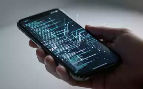 Eine Hand hält ein modernes Smartphone mit leuchtendem, abstraktem digitalem Interface aus Codezeilen und Datenfluss. - Foto: über boerse-global.de