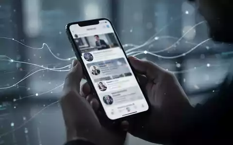 Nahaufnahme einer Hand, die ein Smartphone hält, dessen Bildschirm einen unscharfen, unendlichen Scroll-Feed zeigt, im Hintergrund verschwommen digitale Linien. - Foto: über boerse-global.de