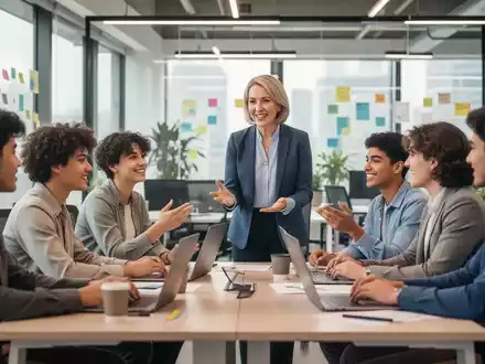 Junge Fachkräfte der Generation Z diskutieren in einem modernen Büro mit einer Führungskraft, die Unterstützung und Zusammenarbeit fördert. - Foto: über boerse-global.de