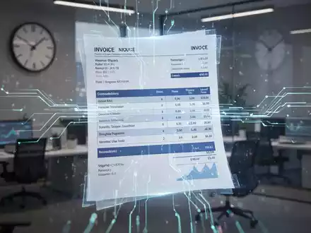 Eine stilisierte digitale Rechnung mit leuchtenden Datenströmen vor einem unscharfen Bürohintergrund. Symbolisiert die E-Rechnungspflicht. - Foto: über boerse-global.de