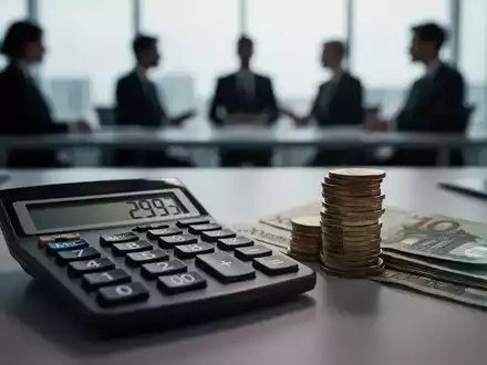 Ein Nahaufnahme eines Taschenrechners, Euro-Münzen und -Scheine auf einem Schreibtisch. Im Hintergrund verschwommene Bürosilhouetten. - Foto: über boerse-global.de