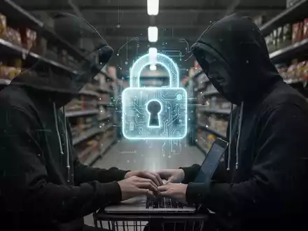 Eine Person mit Kapuze tippt an einem Laptop, im Hintergrund verschwommen ein Supermarktgangu und ein digitales Schloss-Symbol. - Foto: ĂĽber boerse-global.de