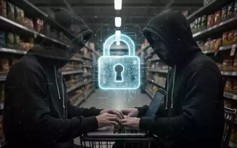 Eine Person mit Kapuze tippt an einem Laptop, im Hintergrund verschwommen ein Supermarktgangu und ein digitales Schloss-Symbol. - Foto: über boerse-global.de