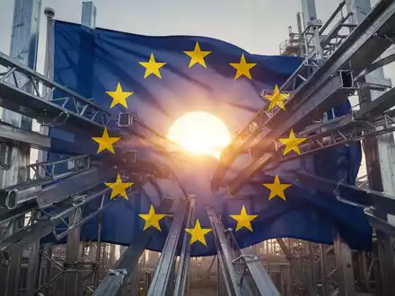 Die EU-Flagge, verwoben mit Stahl- und Aluminiumstrukturen, symbolisiert die Ausweitung des CO2-Grenzausgleichssystems (CBAM). - Foto: über boerse-global.de