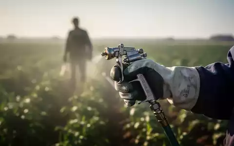 Eine Nahaufnahme einer behandschuhten Hand, die eine Sprühdüse hält, mit verschwommenen Feldern im Hintergrund. - Foto: über boerse-global.de