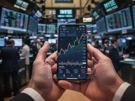 Nahaufnahme einer Hand, die ein Smartphone mit einer Börsenhandels-App hält, im Hintergrund ein geschäftiger Börsensaal. - Foto: über boerse-global.de