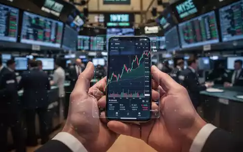 Nahaufnahme einer Hand, die ein Smartphone mit einer Börsenhandels-App hält, im Hintergrund ein geschäftiger Börsensaal. - Foto: über boerse-global.de