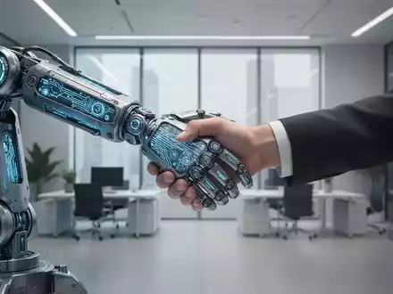 Roboterarm mit leuchtenden Schaltkreisen schüttelt Menschen die Hand, Symbol für Investition und Zusammenarbeit in der Robotik. - Foto: über boerse-global.de
