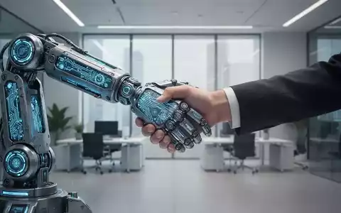 Roboterarm mit leuchtenden Schaltkreisen schüttelt Menschen die Hand, Symbol für Investition und Zusammenarbeit in der Robotik. - Foto: über boerse-global.de