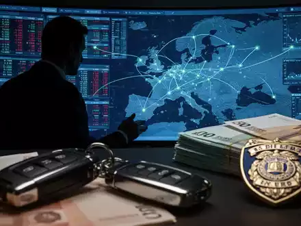 Eine schattenhafte Figur in einem Anzug betrachtet einen Bildschirm mit Finanzdaten und einer Europakarte. Im Vordergrund Luxusautoschlüssel und Euro-Banknoten. - Foto: über boerse-global.de