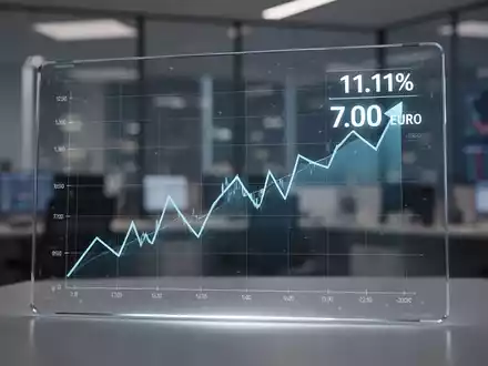 Ein digitaler Aktienkurs-Chart, der einen Anstieg von 11,11% auf 7,00 Euro zeigt, mit einem unscharfen Bürohintergrund. - Foto: über boerse-global.de