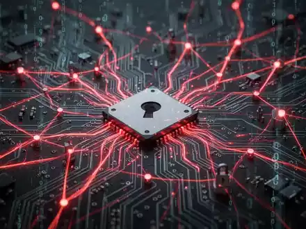 Abstrakte Darstellung einer digitalen Bedrohung, rote Linien vernetzen sich über eine dunkle Platine, die Ransomware-Angriffe symbolisieren. - Foto: über boerse-global.de